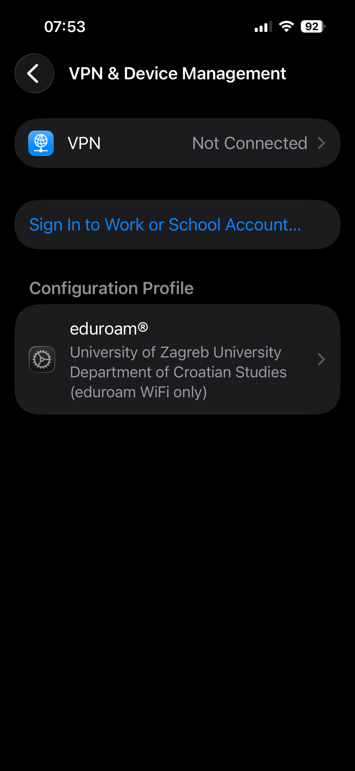 Instalirani eduroam konfiguracijski profil